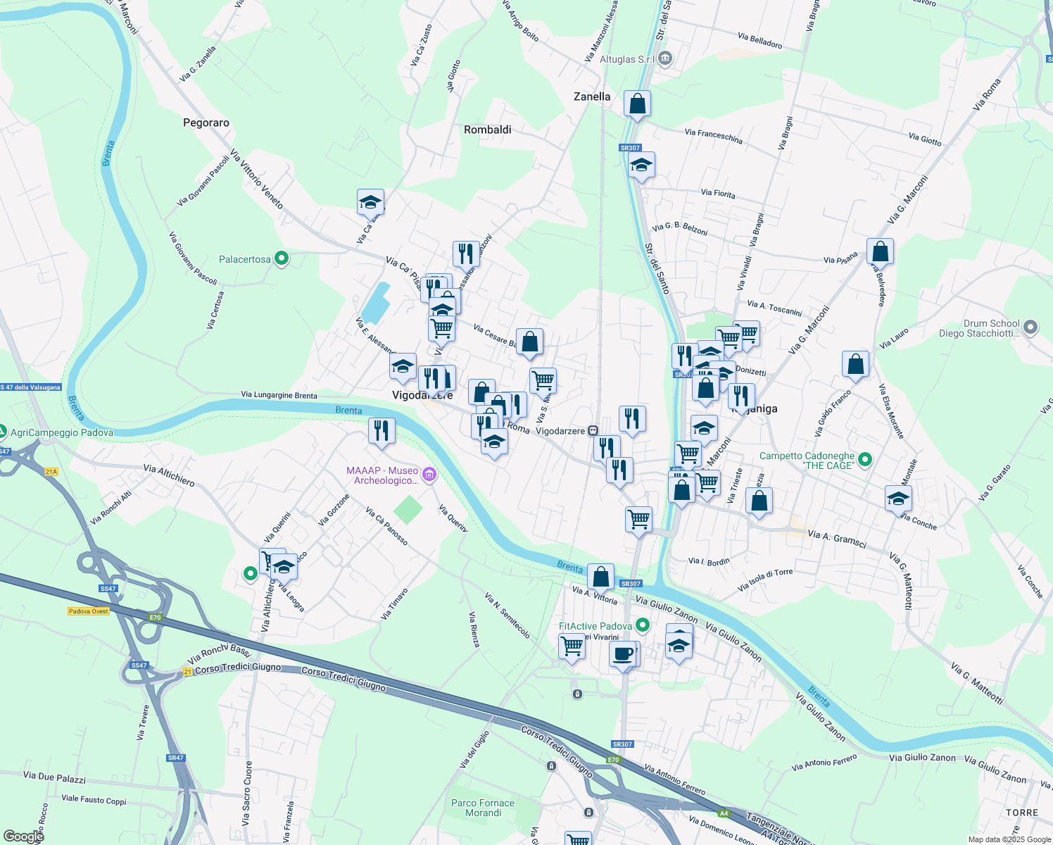 map of restaurants, bars, coffee shops, grocery stores, and more near 57 Via Roma in Vigodarzere