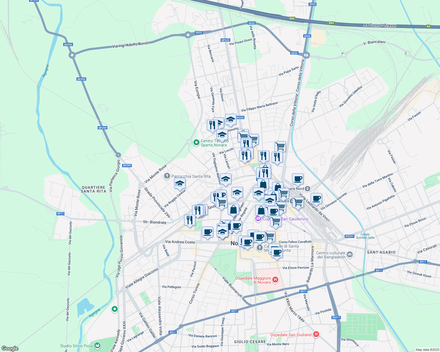 map of restaurants, bars, coffee shops, grocery stores, and more near Via Campano Giovanni da Novara in Novara