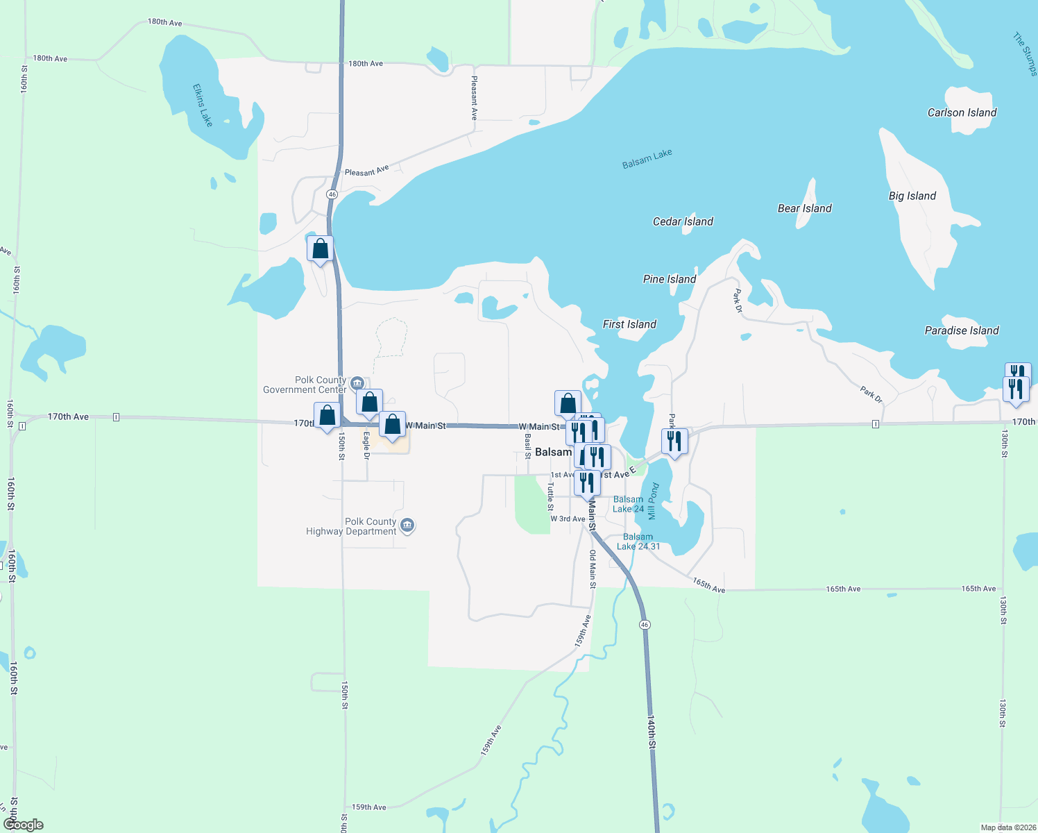 map of restaurants, bars, coffee shops, grocery stores, and more near 402 West Main Street in Balsam Lake