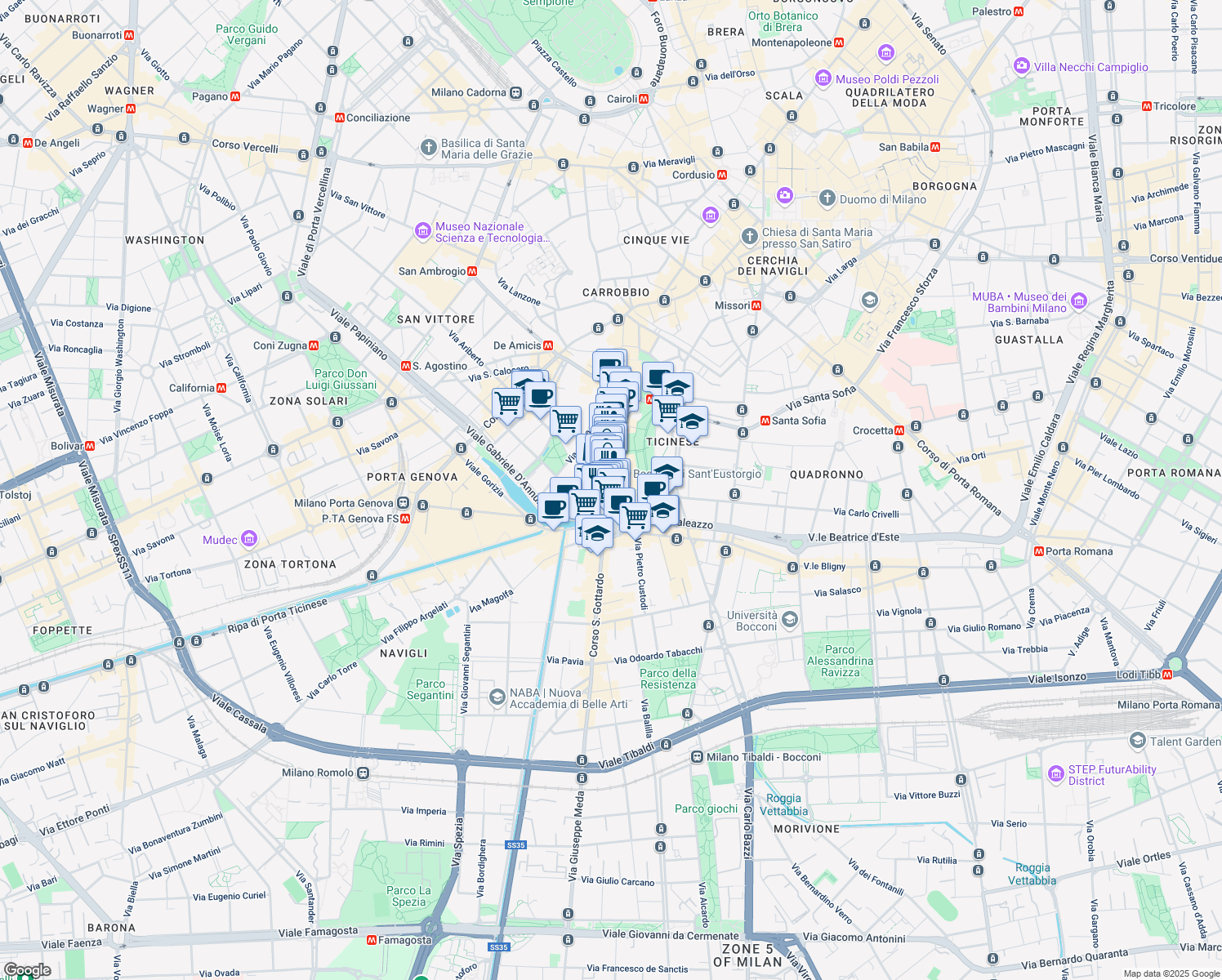 map of restaurants, bars, coffee shops, grocery stores, and more near 22 Via Scaldasole in Milan