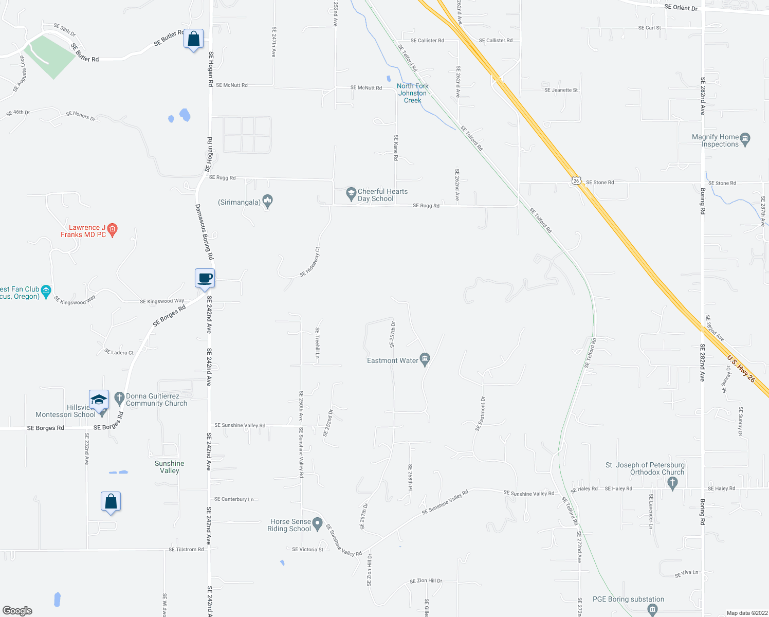 map of restaurants, bars, coffee shops, grocery stores, and more near 9690 Southeast 257th Drive in Damascus