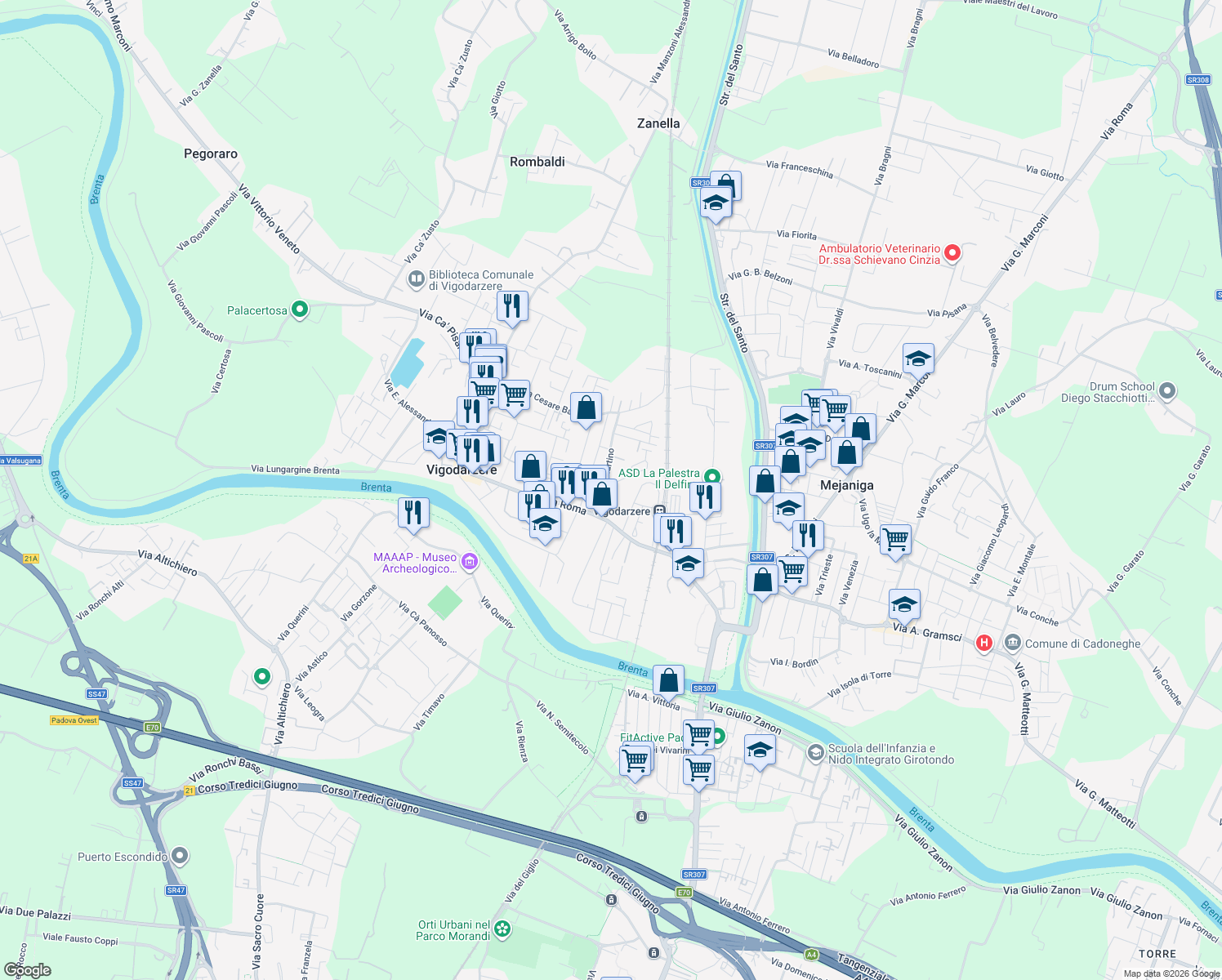 map of restaurants, bars, coffee shops, grocery stores, and more near 3 Via Venezia in Vigodarzere