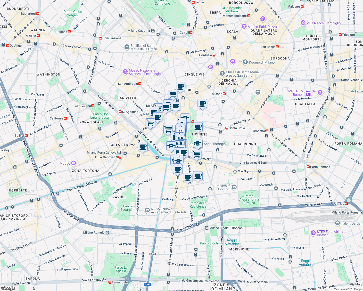 map of restaurants, bars, coffee shops, grocery stores, and more near 2-22 Via Scaldasole in Milan