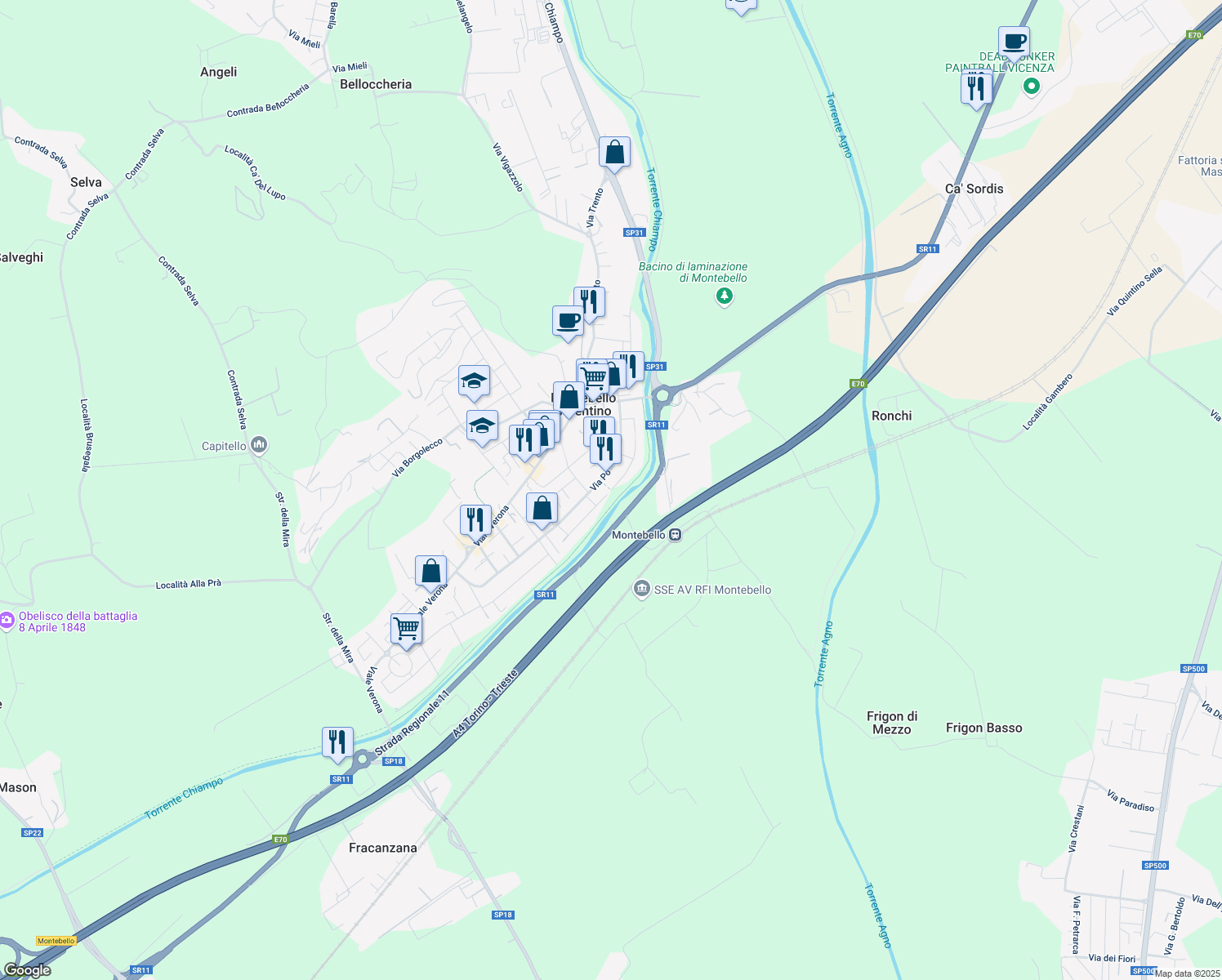 map of restaurants, bars, coffee shops, grocery stores, and more near 251 Via Adige in Montebello Vicentino