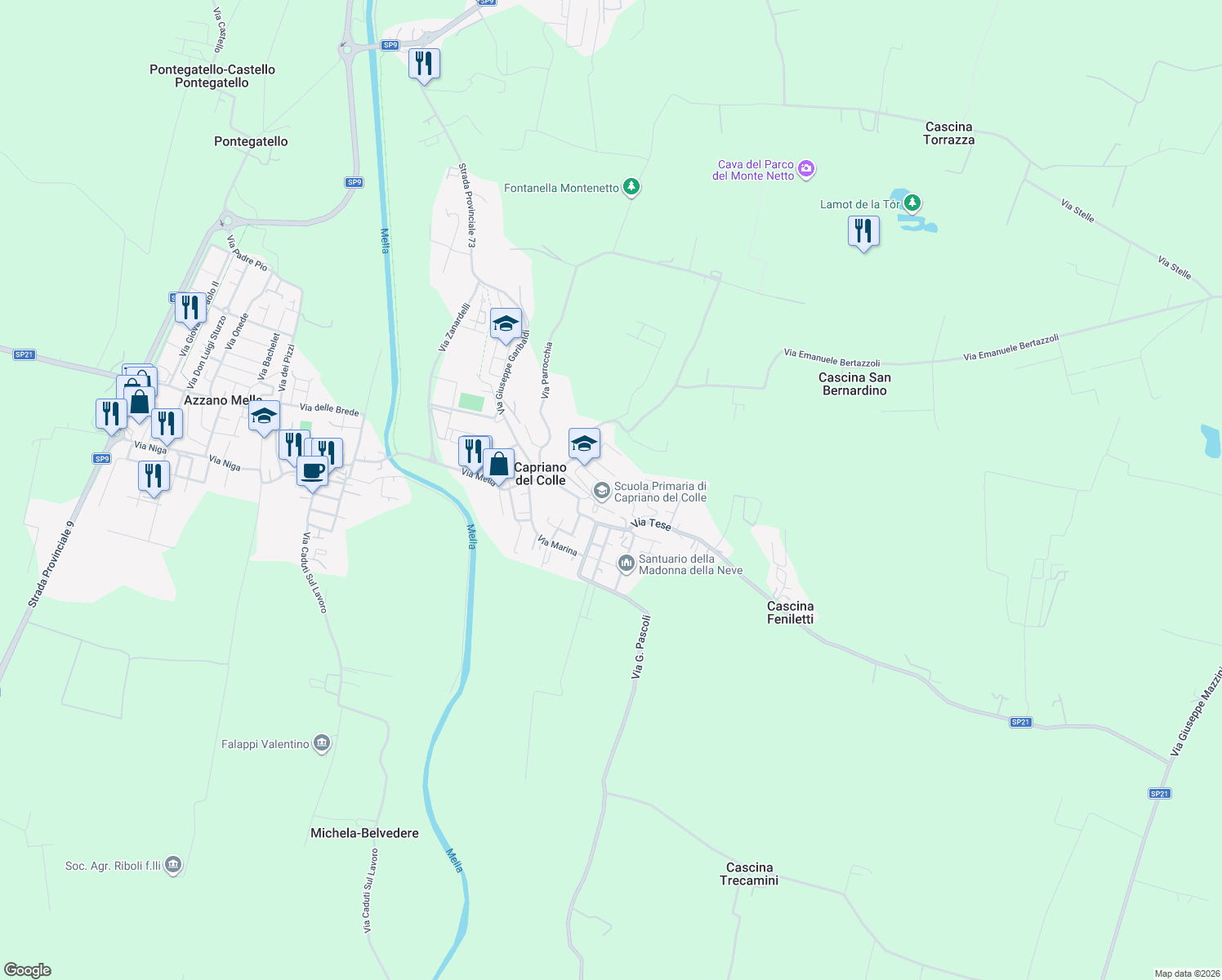 map of restaurants, bars, coffee shops, grocery stores, and more near 18 Via dei Ronchi in Capriano del Colle