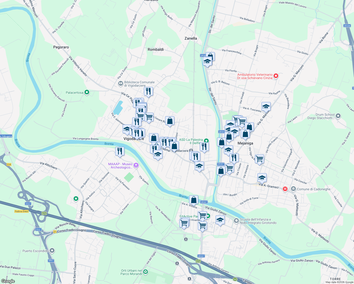 map of restaurants, bars, coffee shops, grocery stores, and more near 3 Via Venezia in Vigodarzere