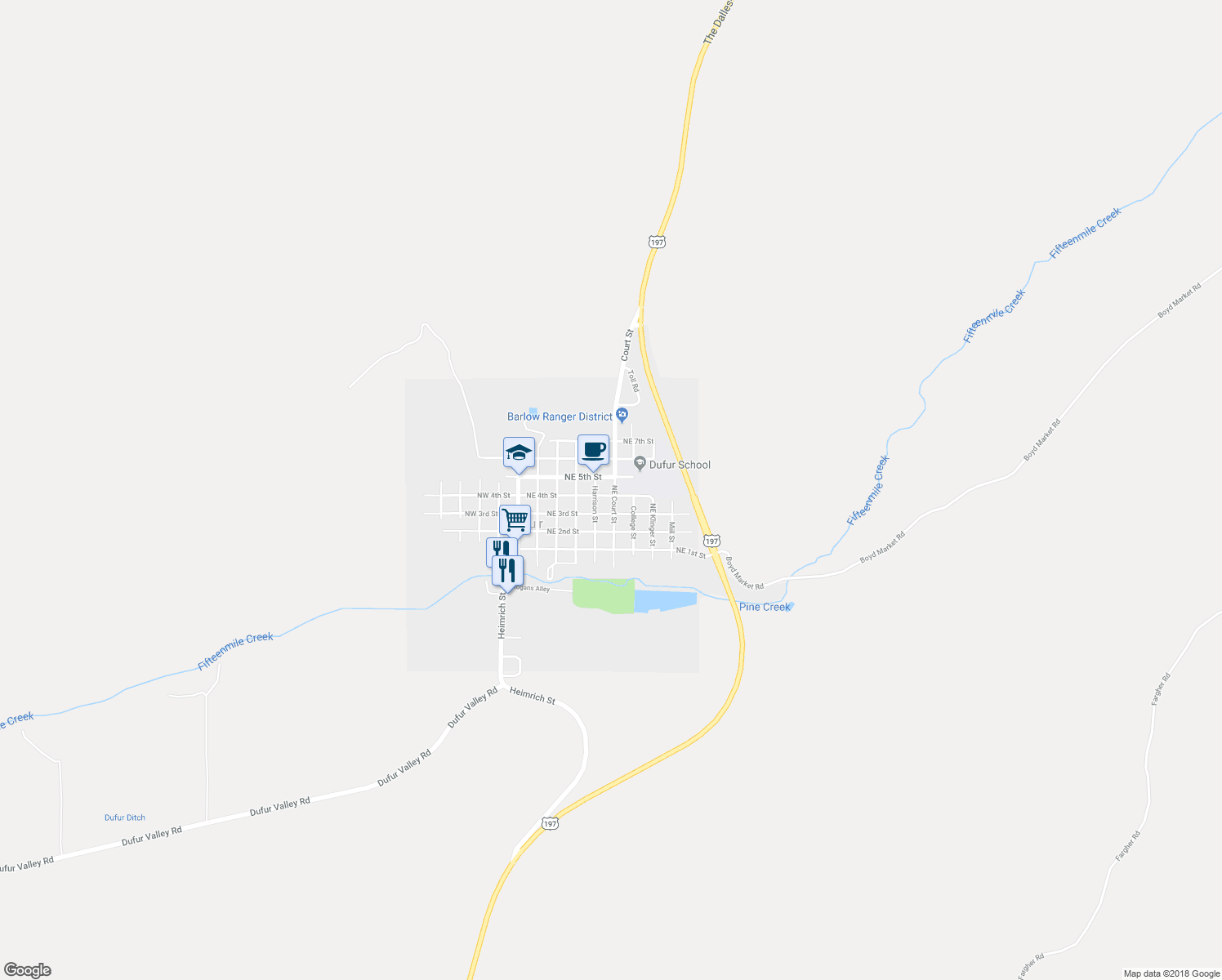 map of restaurants, bars, coffee shops, grocery stores, and more near 409 Northeast Court Street in Dufur