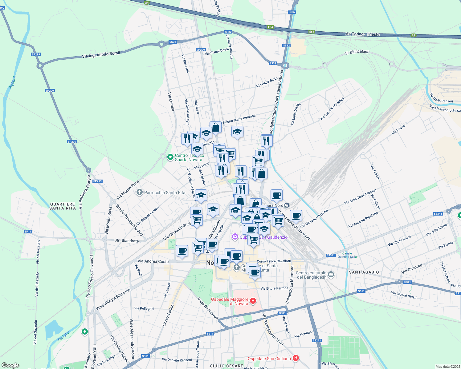 map of restaurants, bars, coffee shops, grocery stores, and more near 12 Corso Risorgimento in Novara