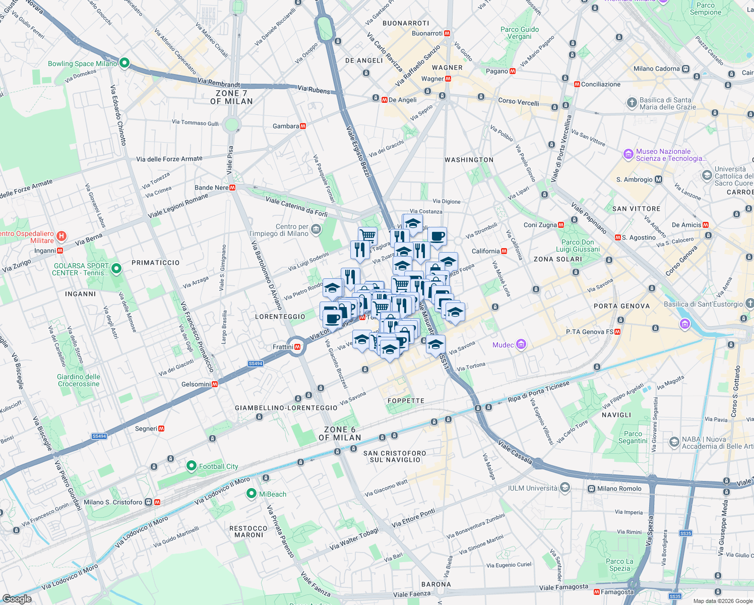 map of restaurants, bars, coffee shops, grocery stores, and more near 64 Via Leone Tolstoi in Milano