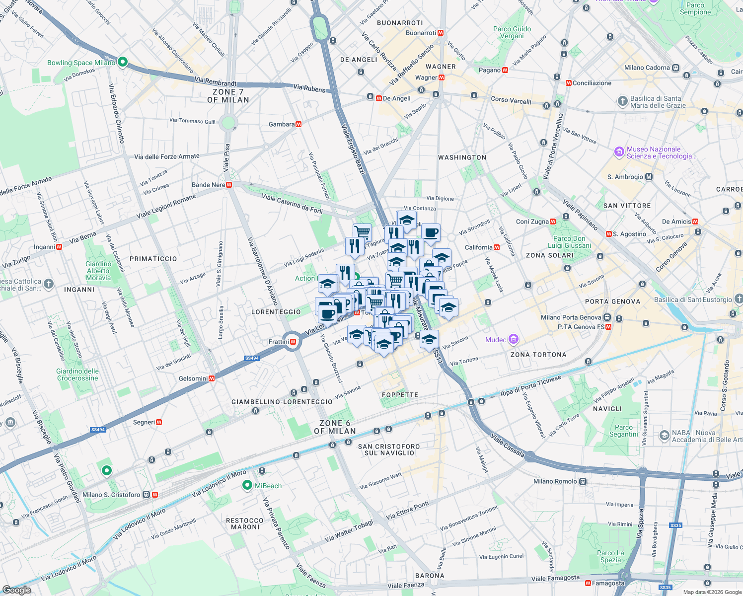 map of restaurants, bars, coffee shops, grocery stores, and more near 64 Via Leone Tolstoi in Milano