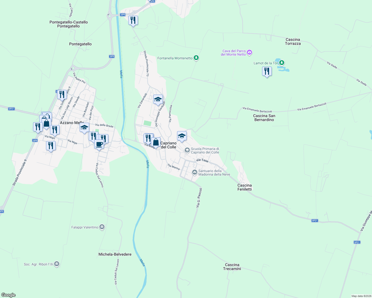 map of restaurants, bars, coffee shops, grocery stores, and more near 18 Via dei Ronchi in Capriano del Colle