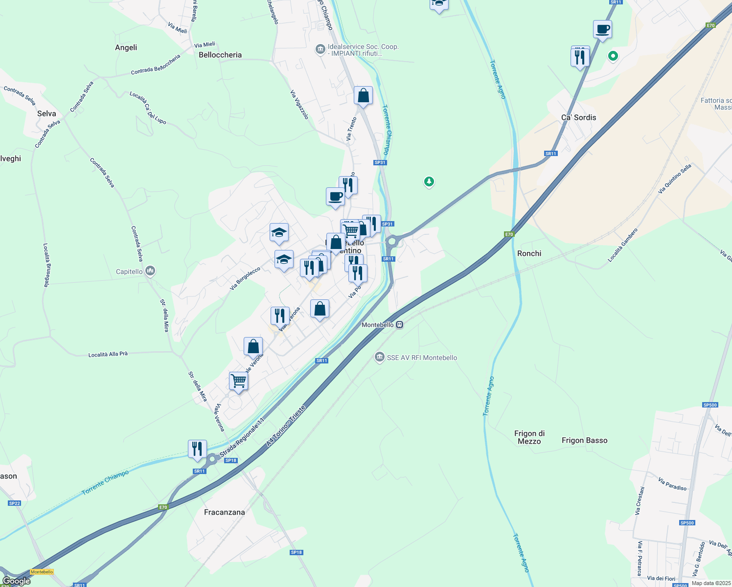 map of restaurants, bars, coffee shops, grocery stores, and more near 251 Via Adige in Montebello Vicentino
