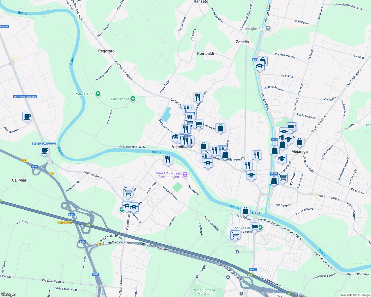 map of restaurants, bars, coffee shops, grocery stores, and more near 131 Via Roma in Vigodarzere