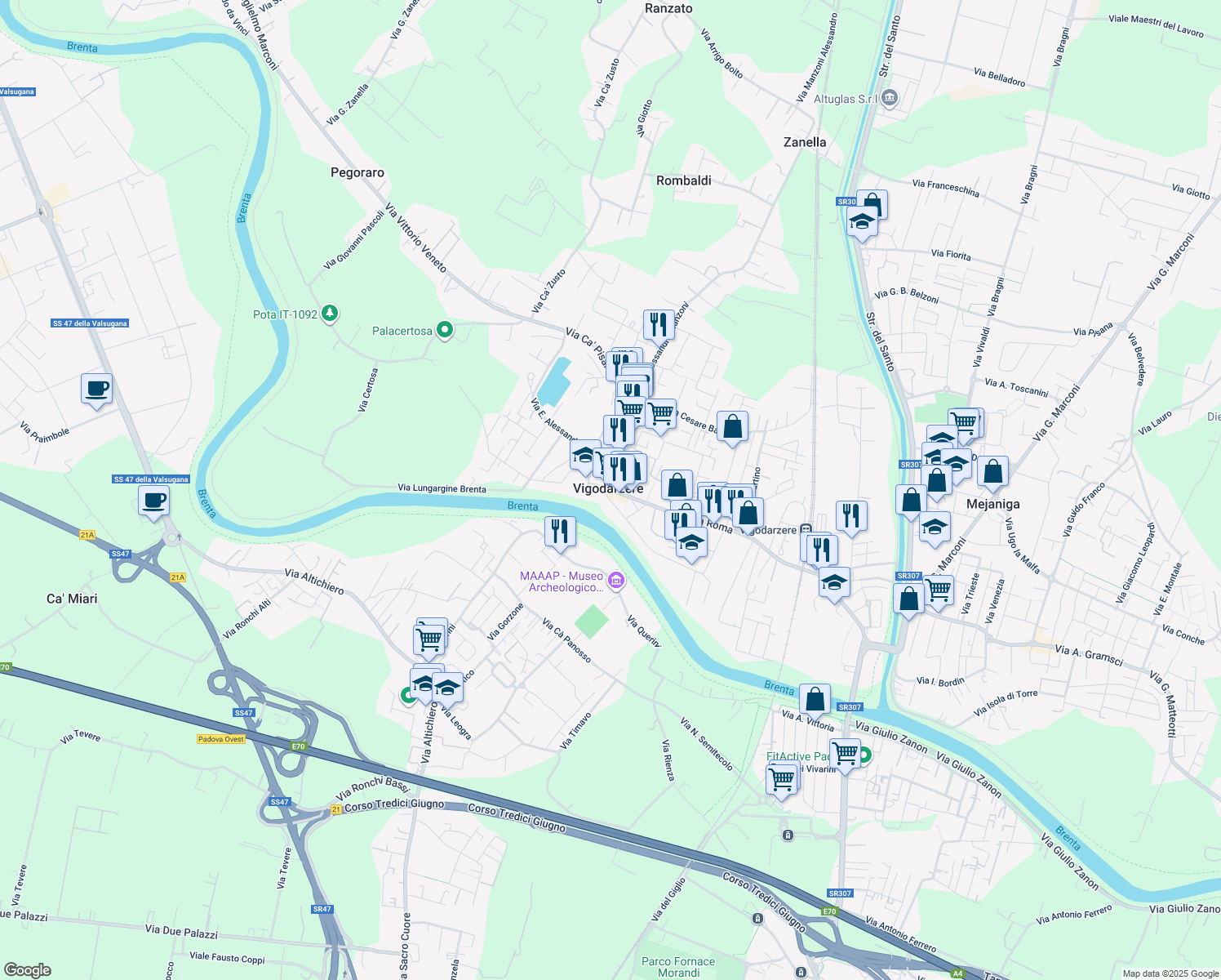 map of restaurants, bars, coffee shops, grocery stores, and more near 131 Via Roma in Vigodarzere