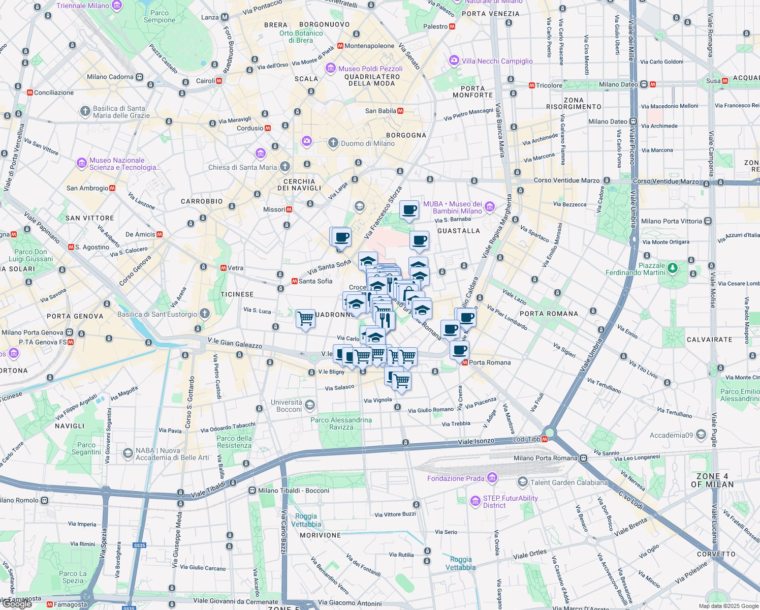 map of restaurants, bars, coffee shops, grocery stores, and more near 9 Corso di Porta Vigentina in Milano