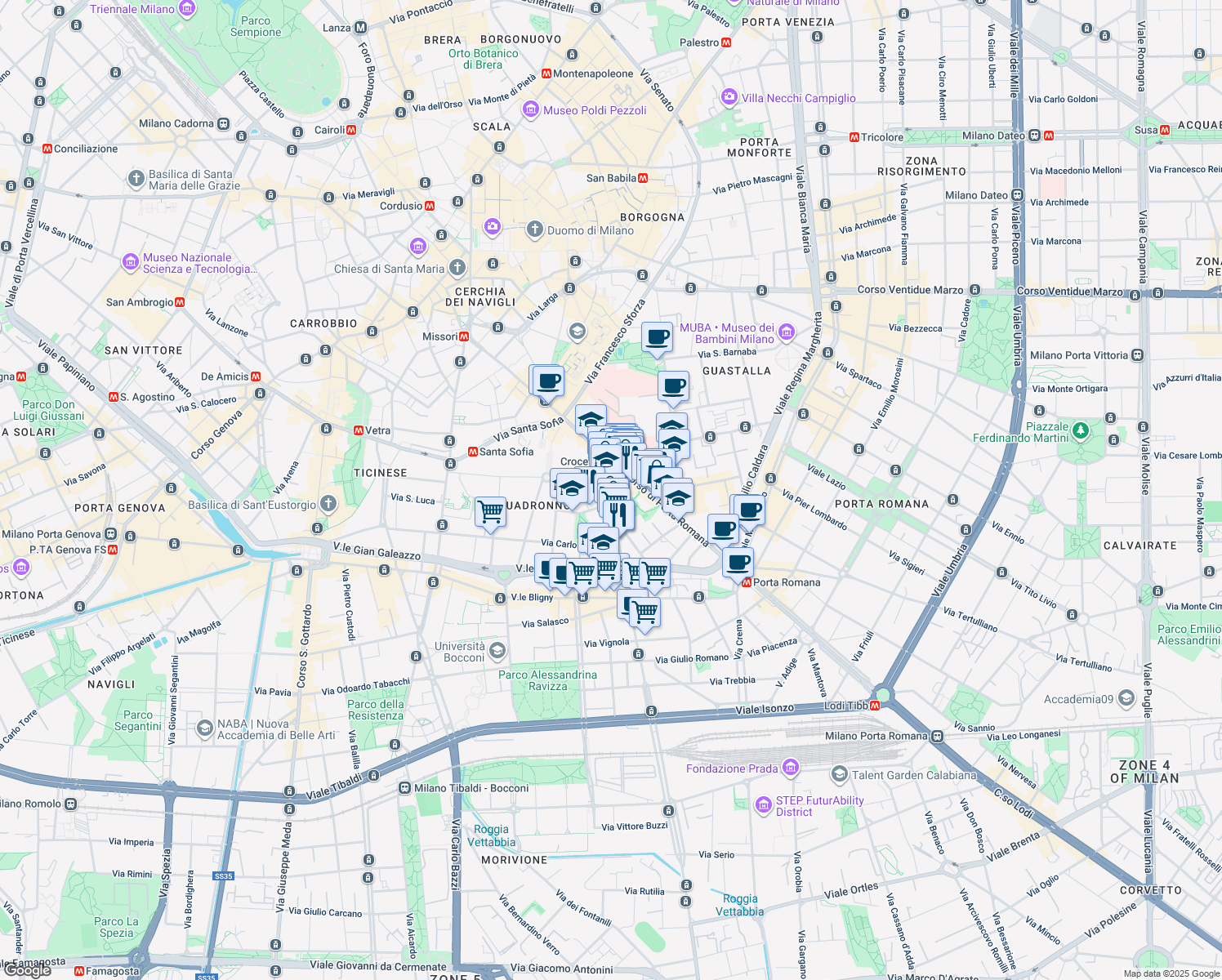 map of restaurants, bars, coffee shops, grocery stores, and more near 9 Corso di Porta Vigentina in Milano
