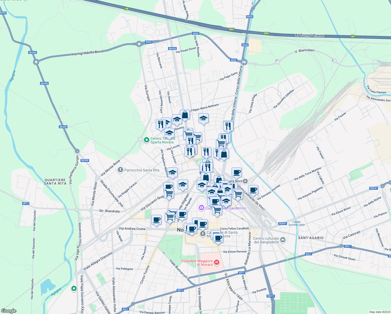 map of restaurants, bars, coffee shops, grocery stores, and more near 12 Corso Risorgimento in Novara