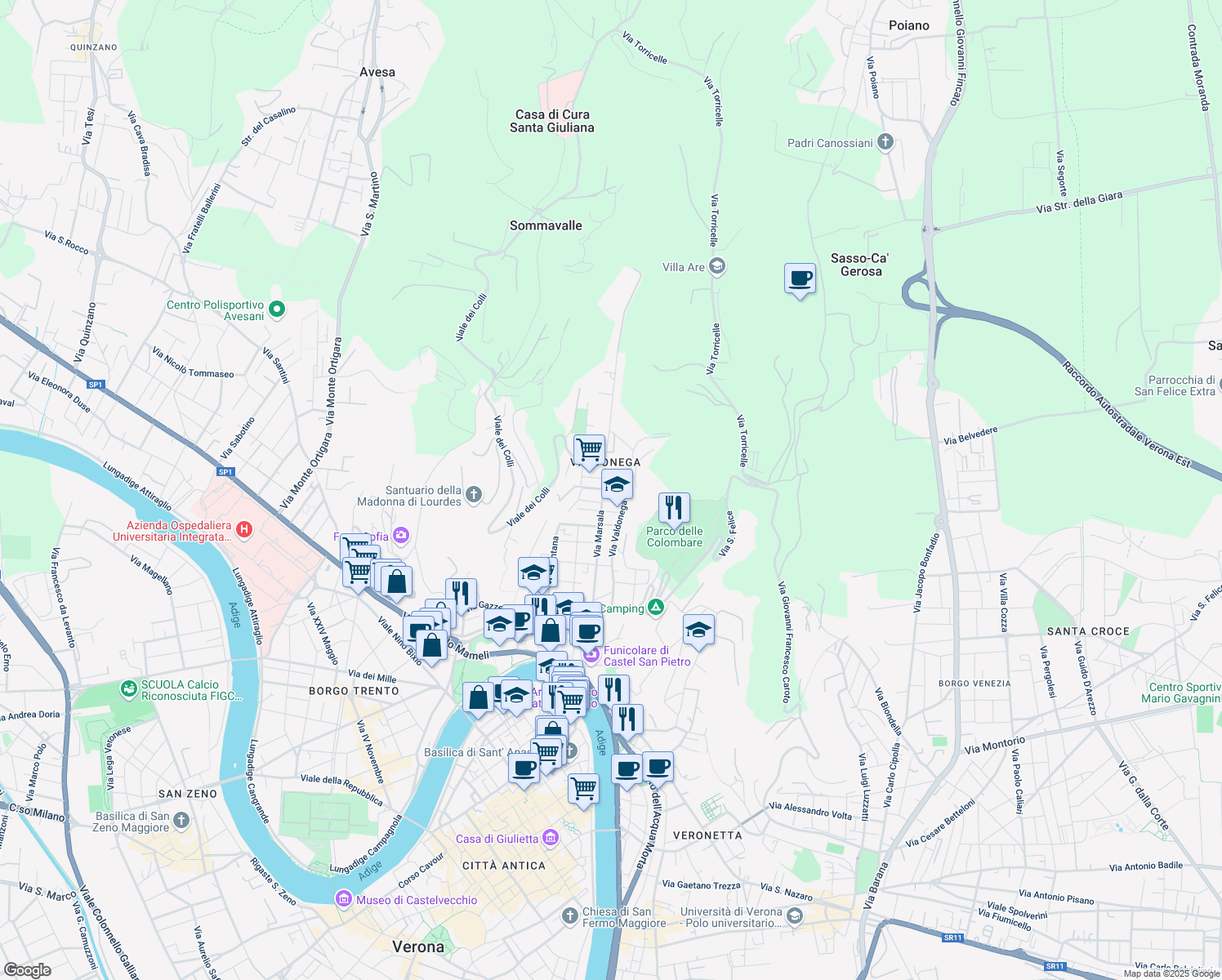 map of restaurants, bars, coffee shops, grocery stores, and more near 58 Via Marsala in Verona