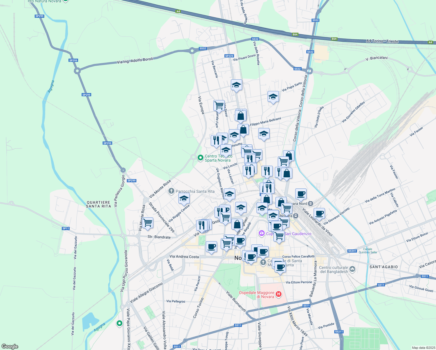 map of restaurants, bars, coffee shops, grocery stores, and more near 2 Via Bagnolini in Novara