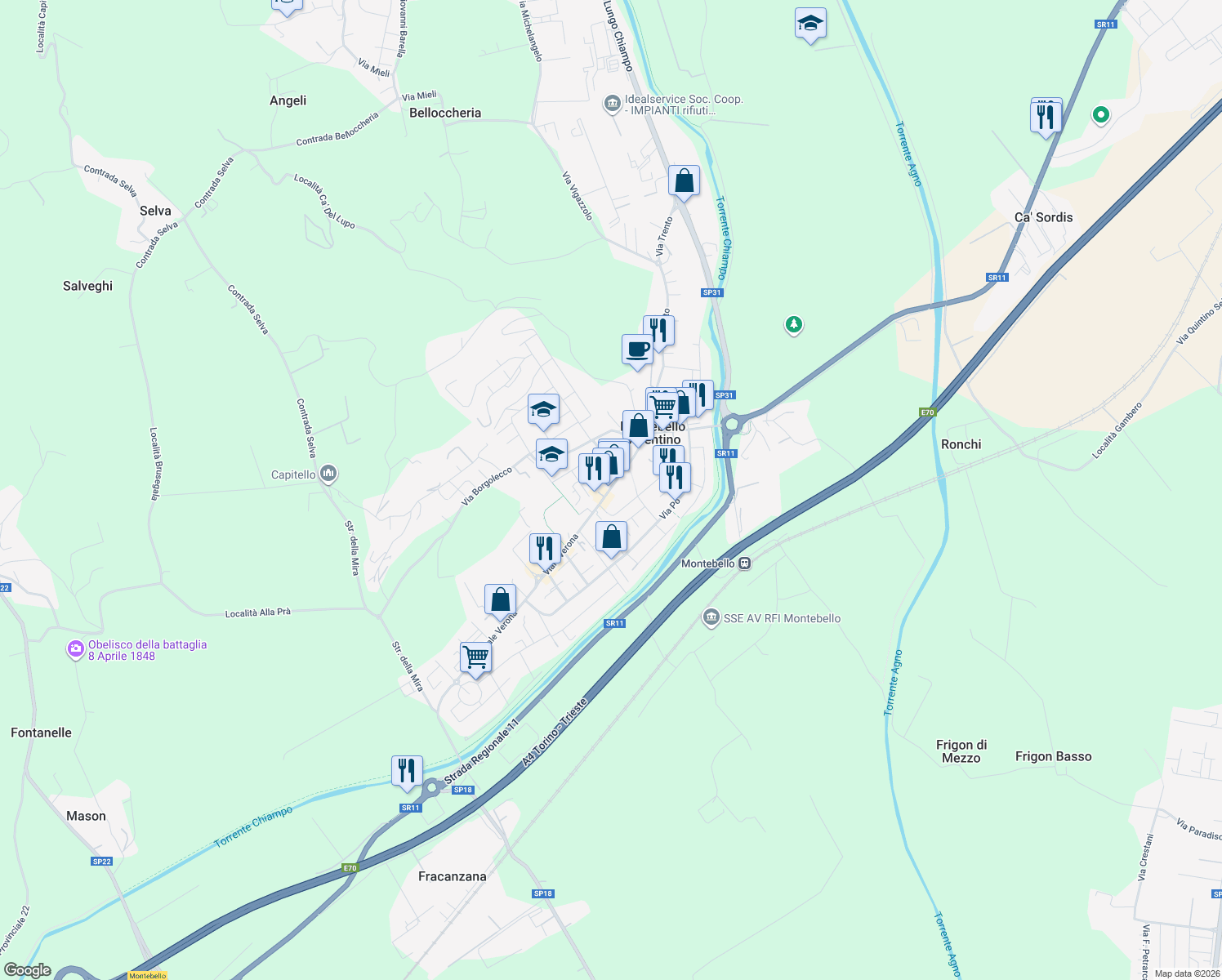 map of restaurants, bars, coffee shops, grocery stores, and more near 48 Via Generale Vaccari in Montebello Vicentino
