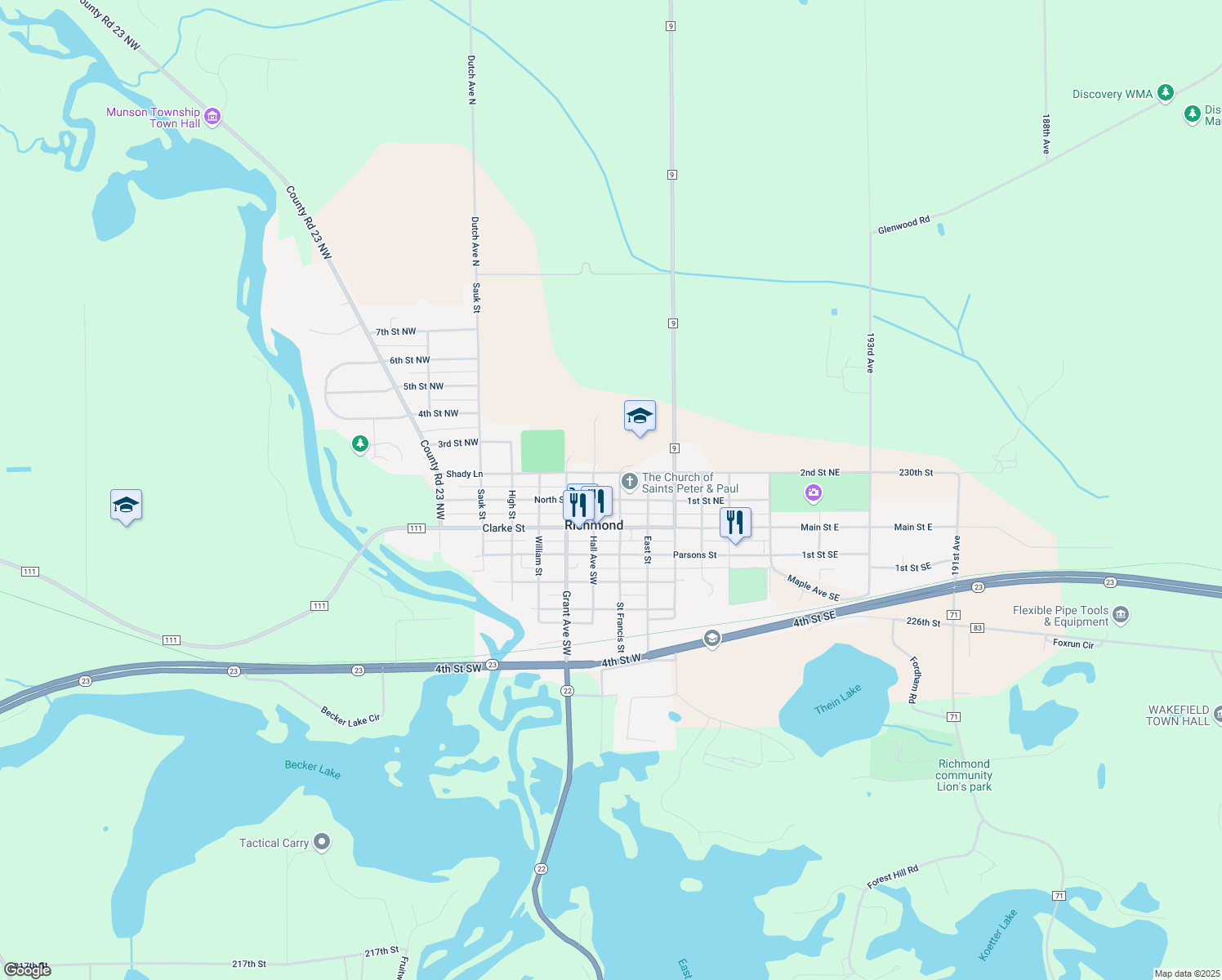 map of restaurants, bars, coffee shops, grocery stores, and more near 111 Central Avenue North in Richmond