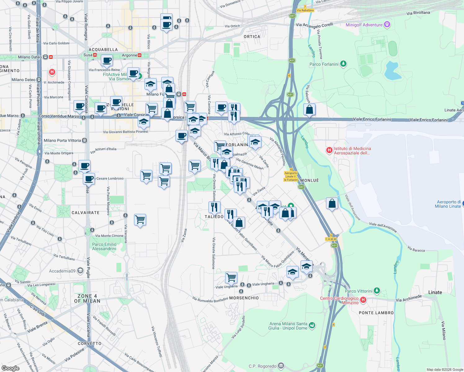 map of restaurants, bars, coffee shops, grocery stores, and more near 7 Via Mecenate in Milan