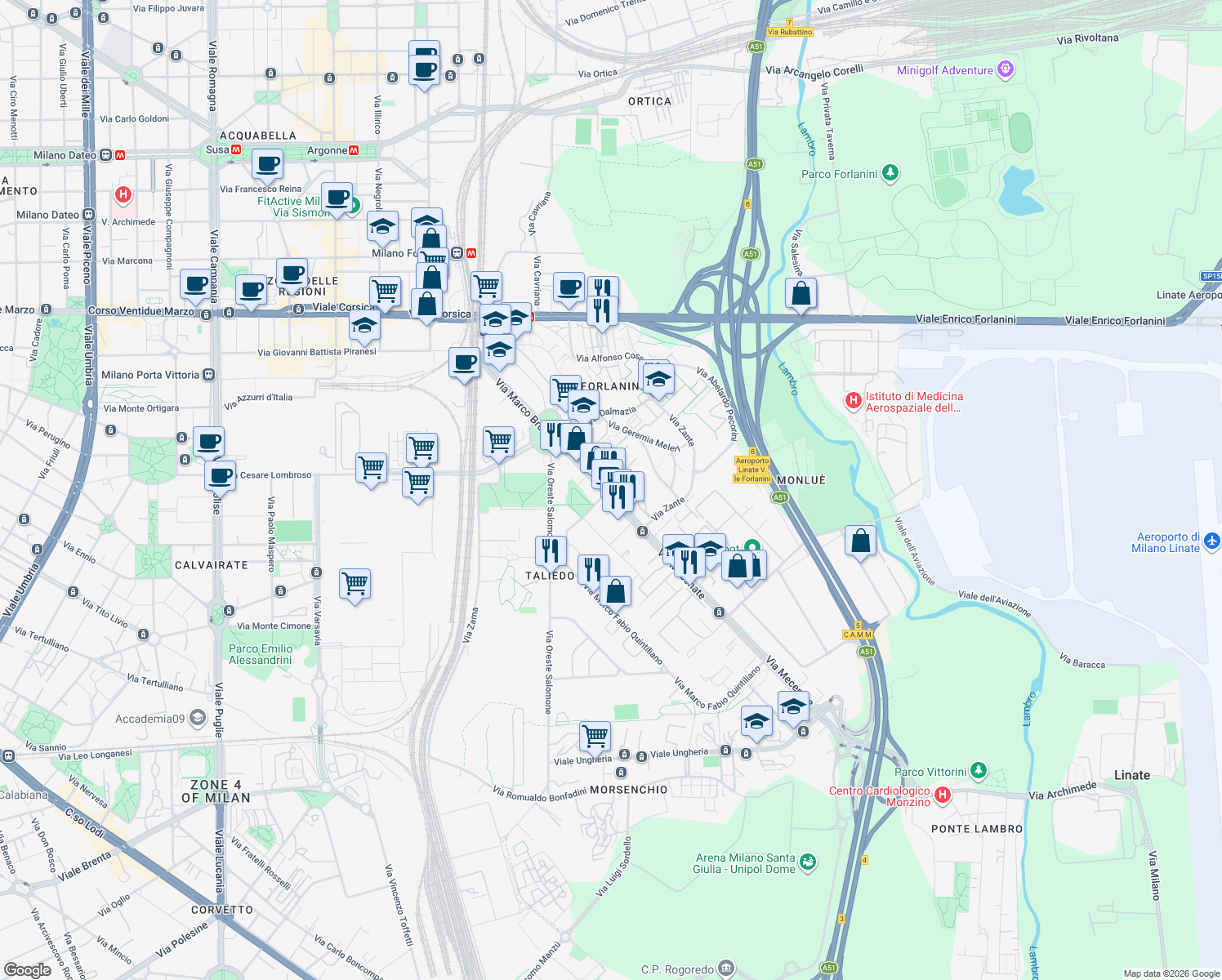 map of restaurants, bars, coffee shops, grocery stores, and more near 7 Via Mecenate in Milano