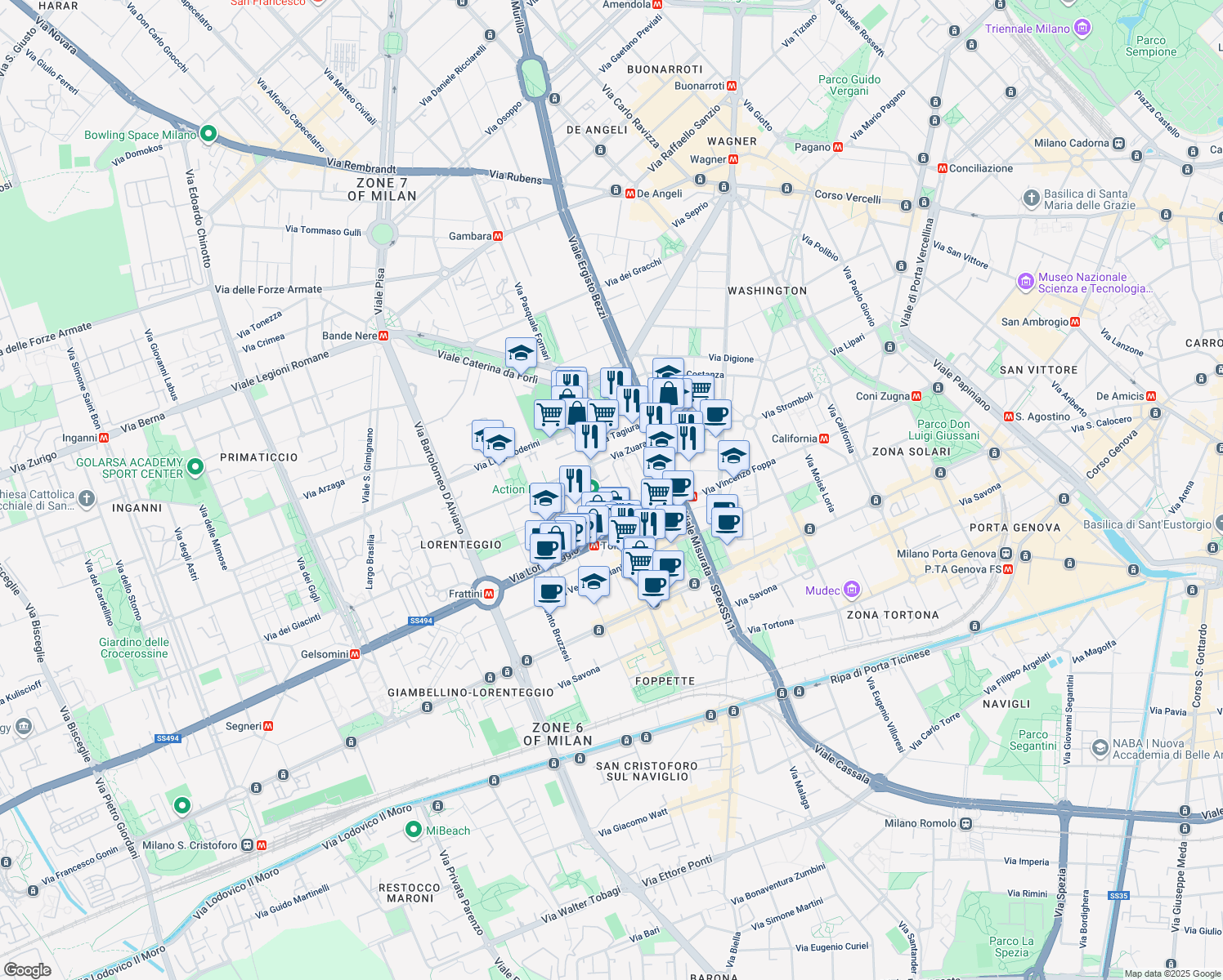 map of restaurants, bars, coffee shops, grocery stores, and more near 72 Via Leone Tolstoi in Milan