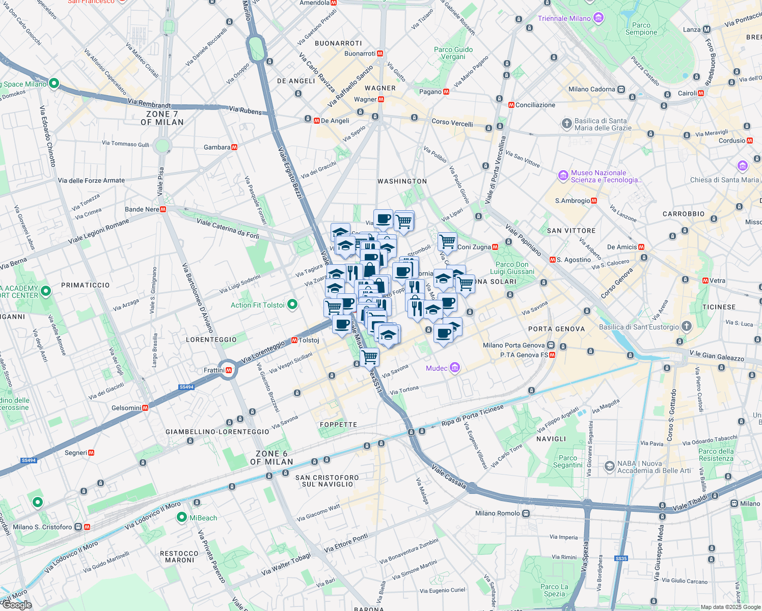 map of restaurants, bars, coffee shops, grocery stores, and more near 49 Via Vincenzo Foppa in Milan