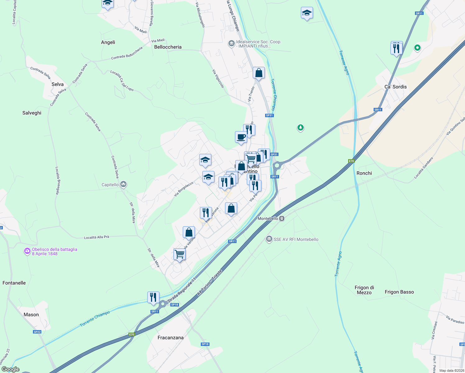 map of restaurants, bars, coffee shops, grocery stores, and more near 48 Via Generale Vaccari in Montebello Vicentino