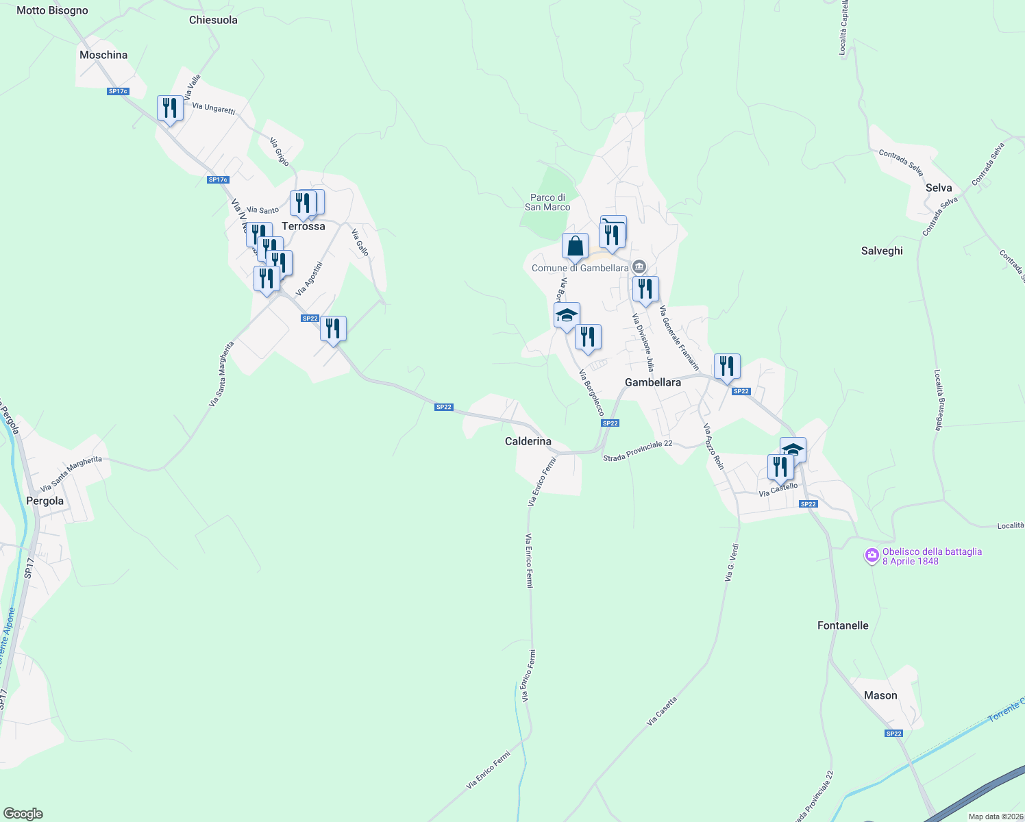map of restaurants, bars, coffee shops, grocery stores, and more near 14 Via Calderina in Calderina