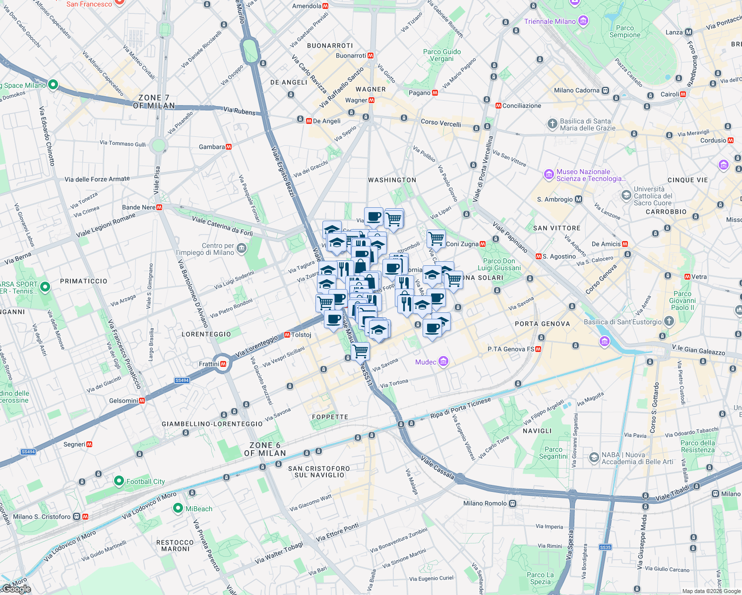 map of restaurants, bars, coffee shops, grocery stores, and more near 49 Via Vincenzo Foppa in Milan