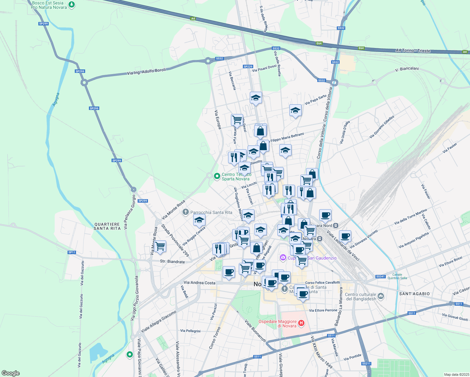 map of restaurants, bars, coffee shops, grocery stores, and more near 2 Via Bagnolini in Novara