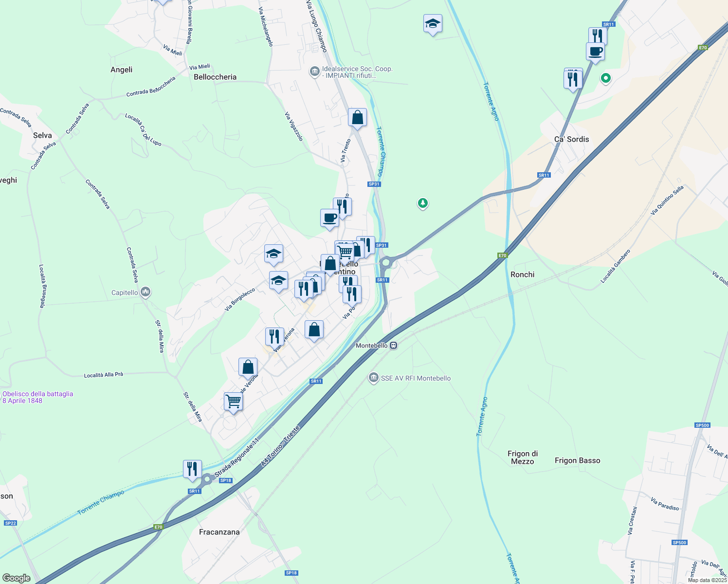 map of restaurants, bars, coffee shops, grocery stores, and more near 40 Via Po in Montebello Vicentino