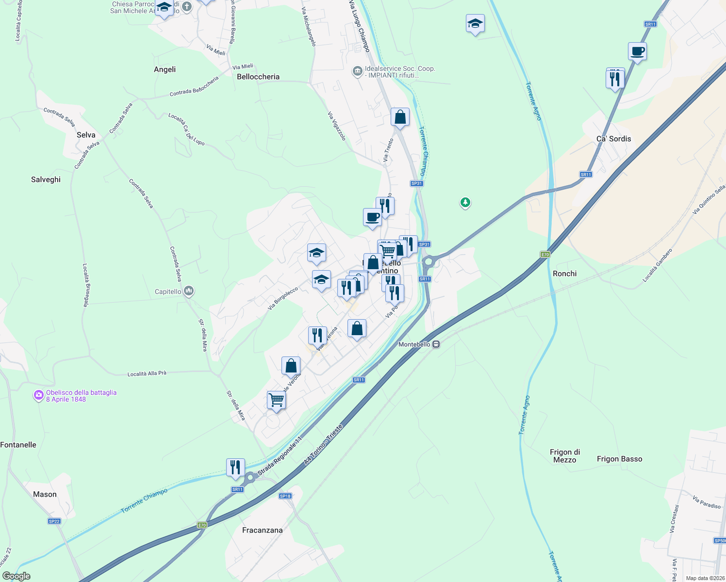 map of restaurants, bars, coffee shops, grocery stores, and more near 39 Via Generale Vaccari in Montebello Vicentino