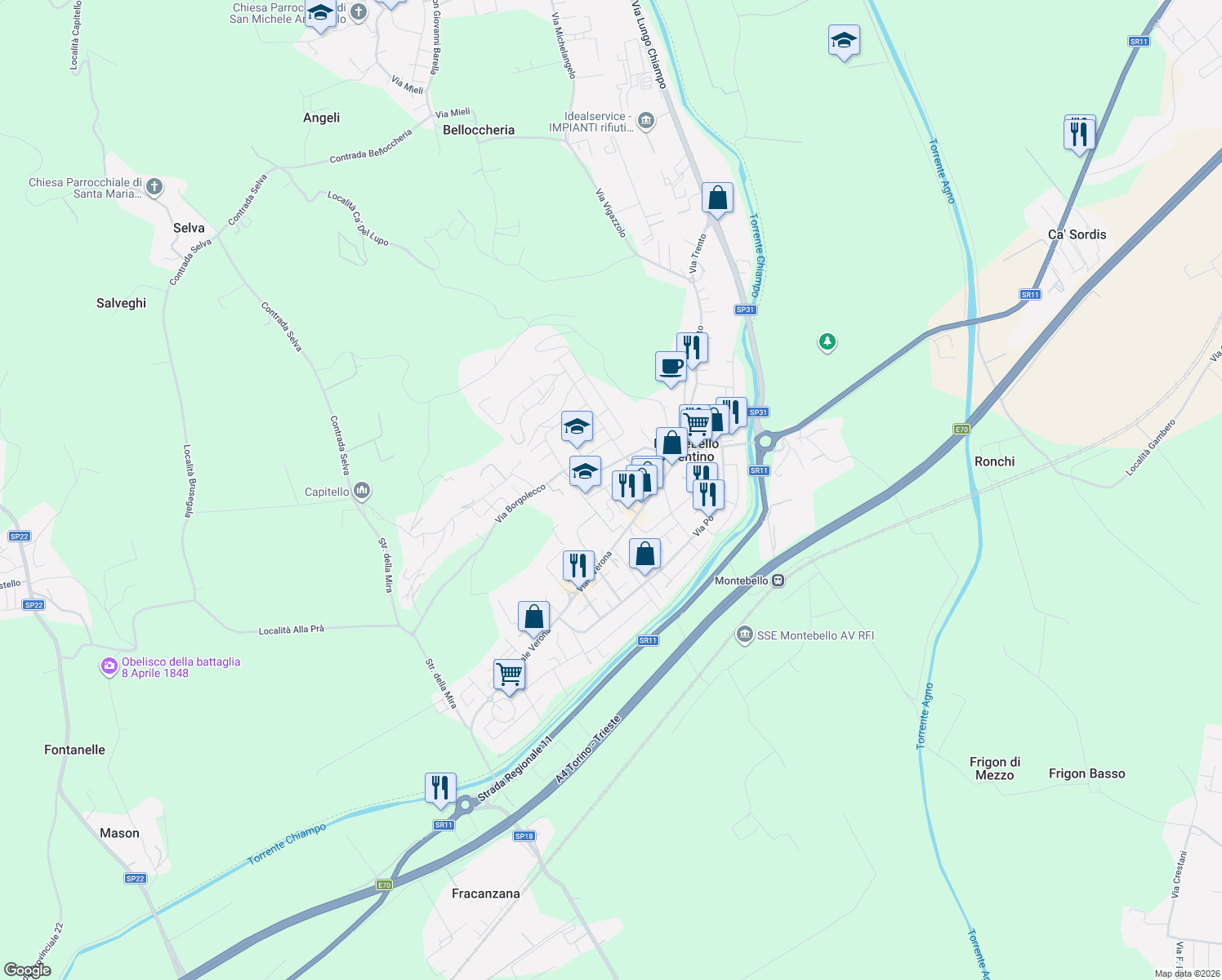 map of restaurants, bars, coffee shops, grocery stores, and more near 3 Via G. Cederle in Montebello Vicentino