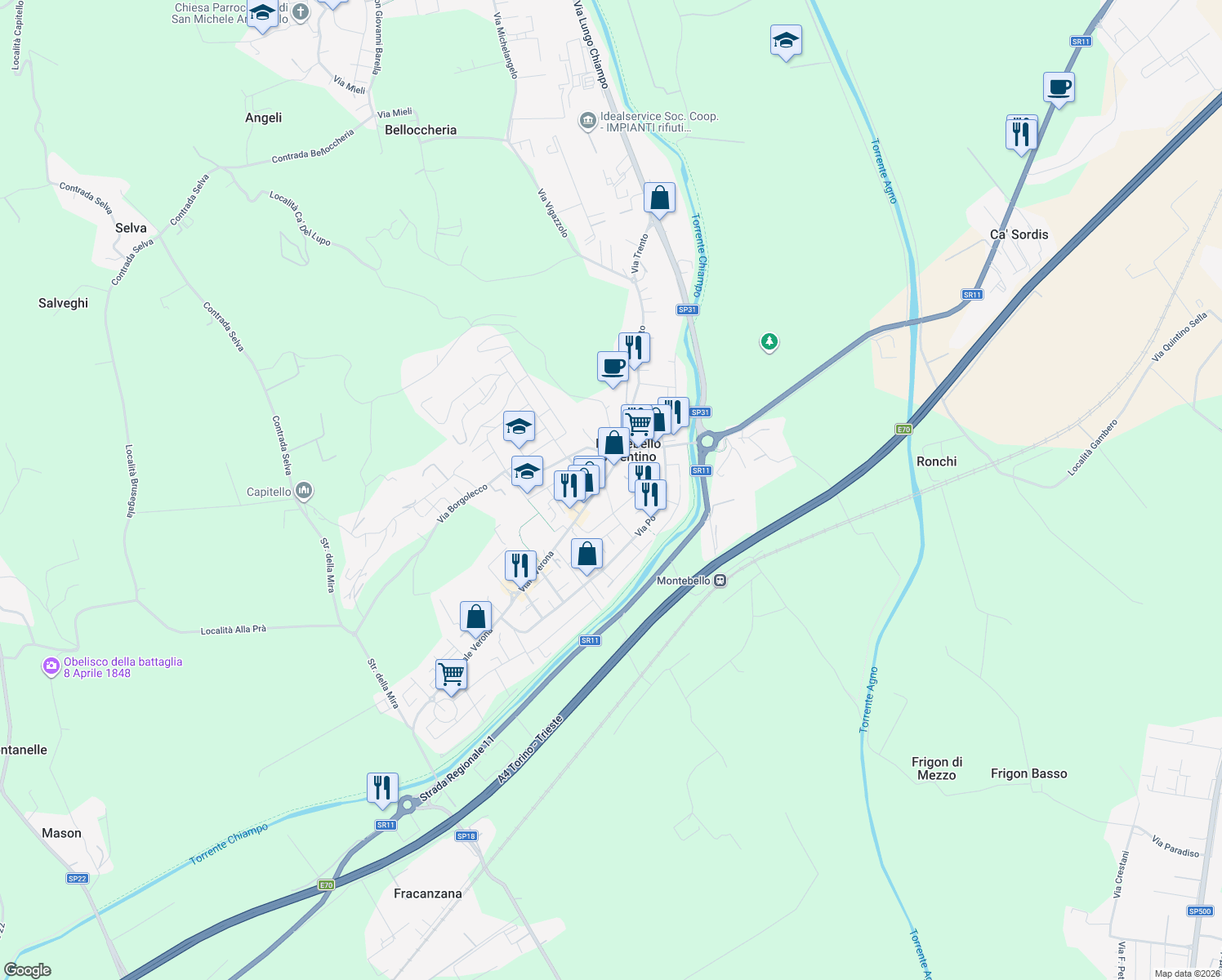 map of restaurants, bars, coffee shops, grocery stores, and more near 39 Via Generale Vaccari in Montebello Vicentino
