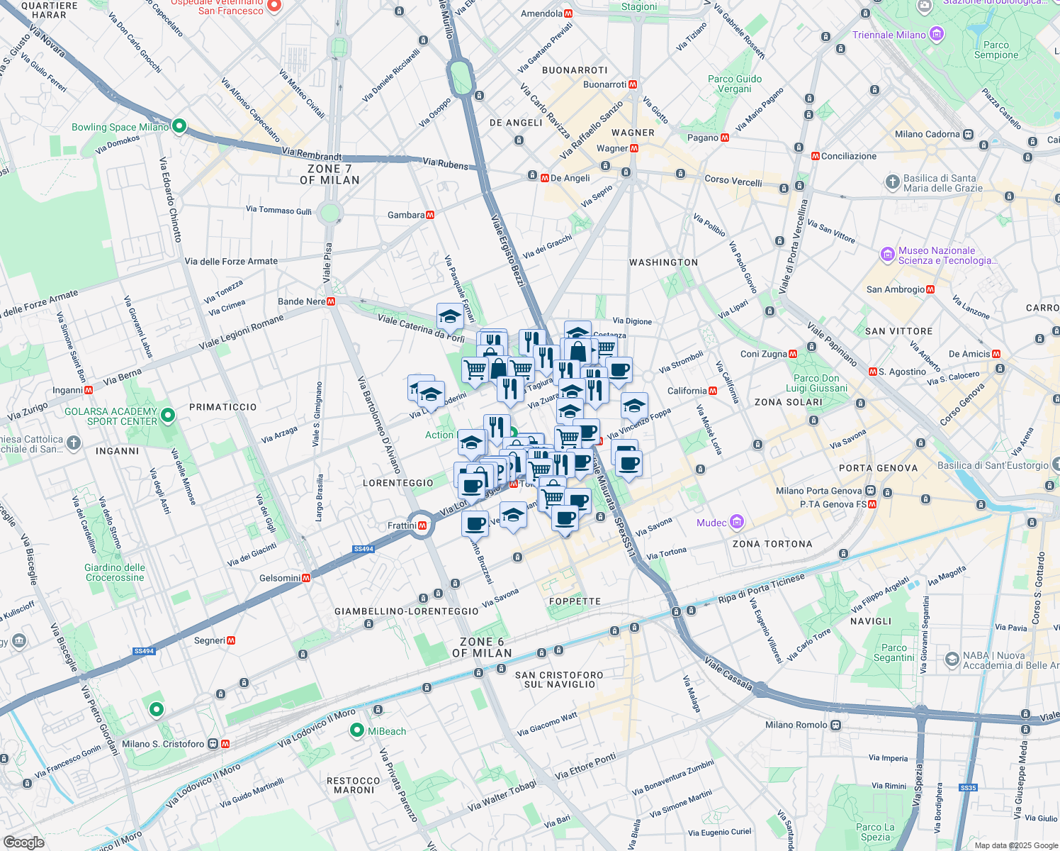 map of restaurants, bars, coffee shops, grocery stores, and more near 72 Via Leone Tolstoi in Milano