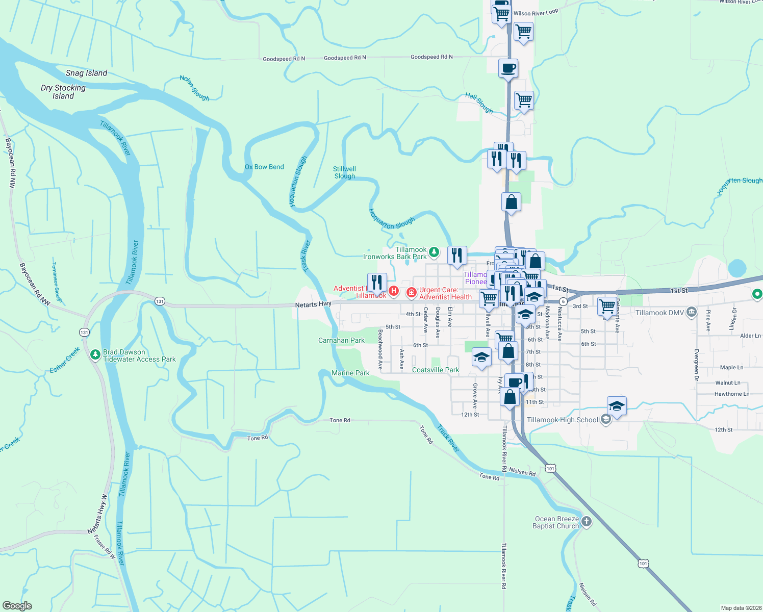 map of restaurants, bars, coffee shops, grocery stores, and more near 985 3rd Street in Tillamook