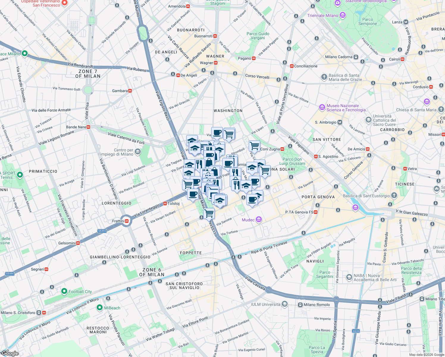 map of restaurants, bars, coffee shops, grocery stores, and more near 49 Via Vincenzo Foppa in Milano