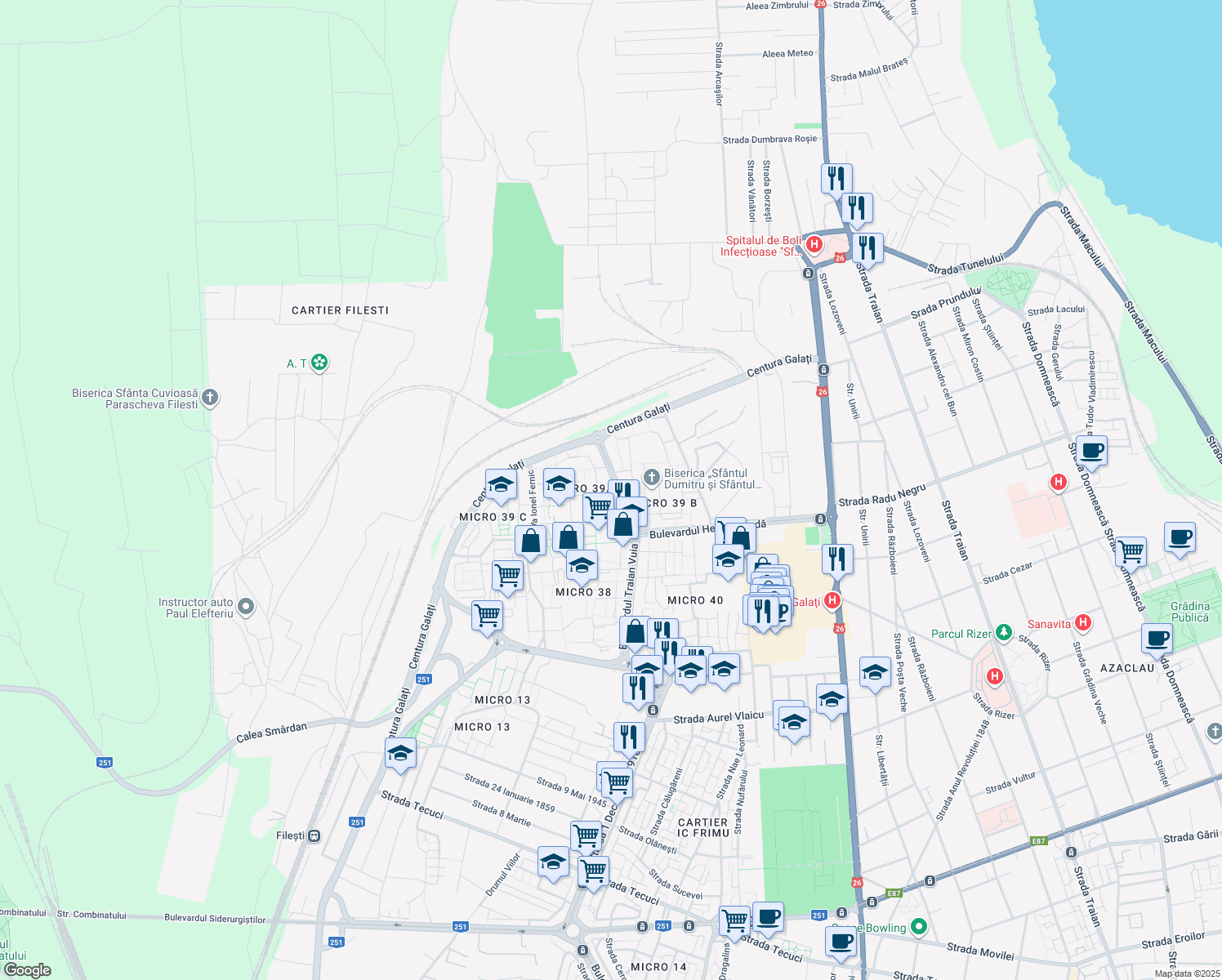 map of restaurants, bars, coffee shops, grocery stores, and more near in Galați
