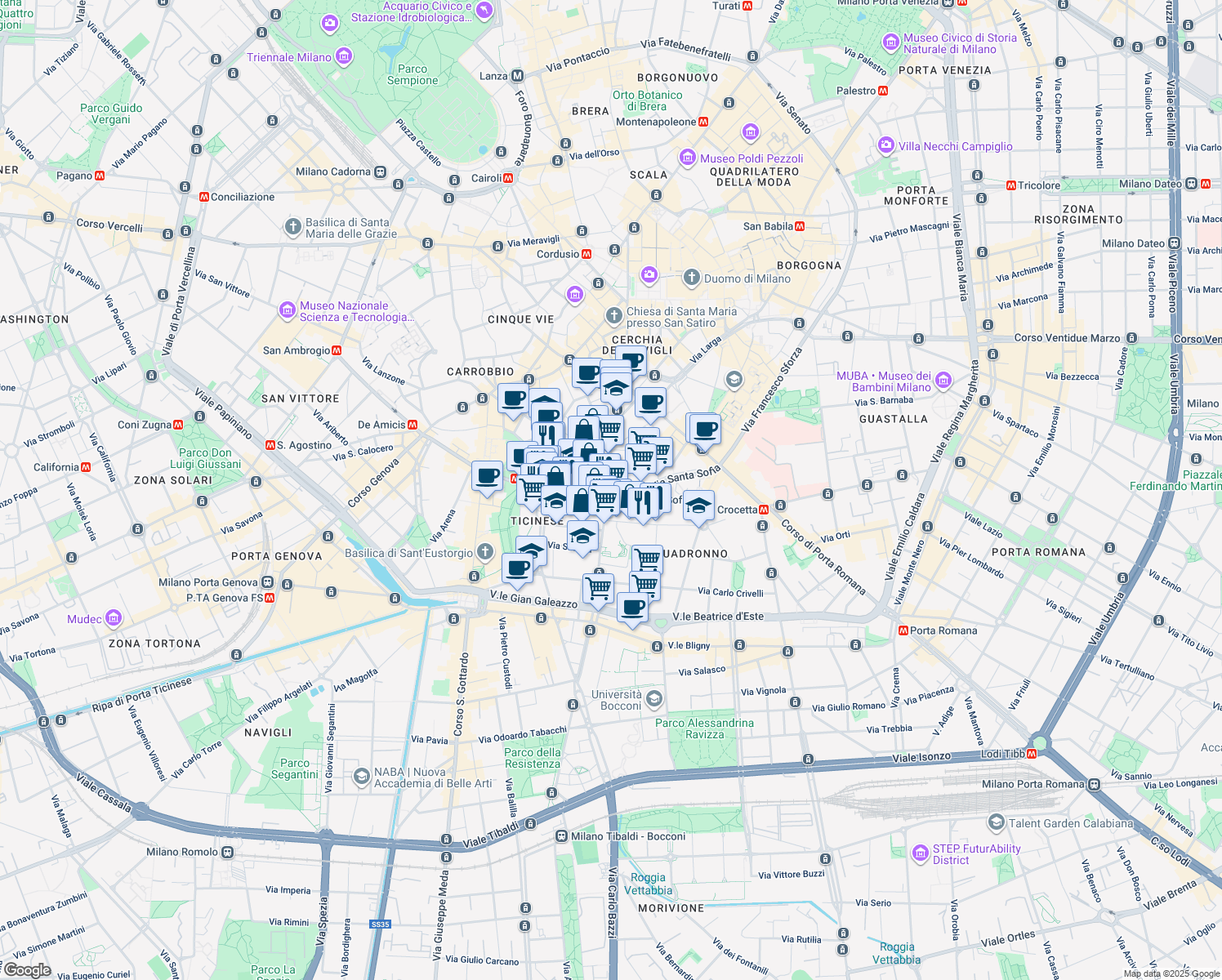 map of restaurants, bars, coffee shops, grocery stores, and more near 23 Corso Italia in Milano