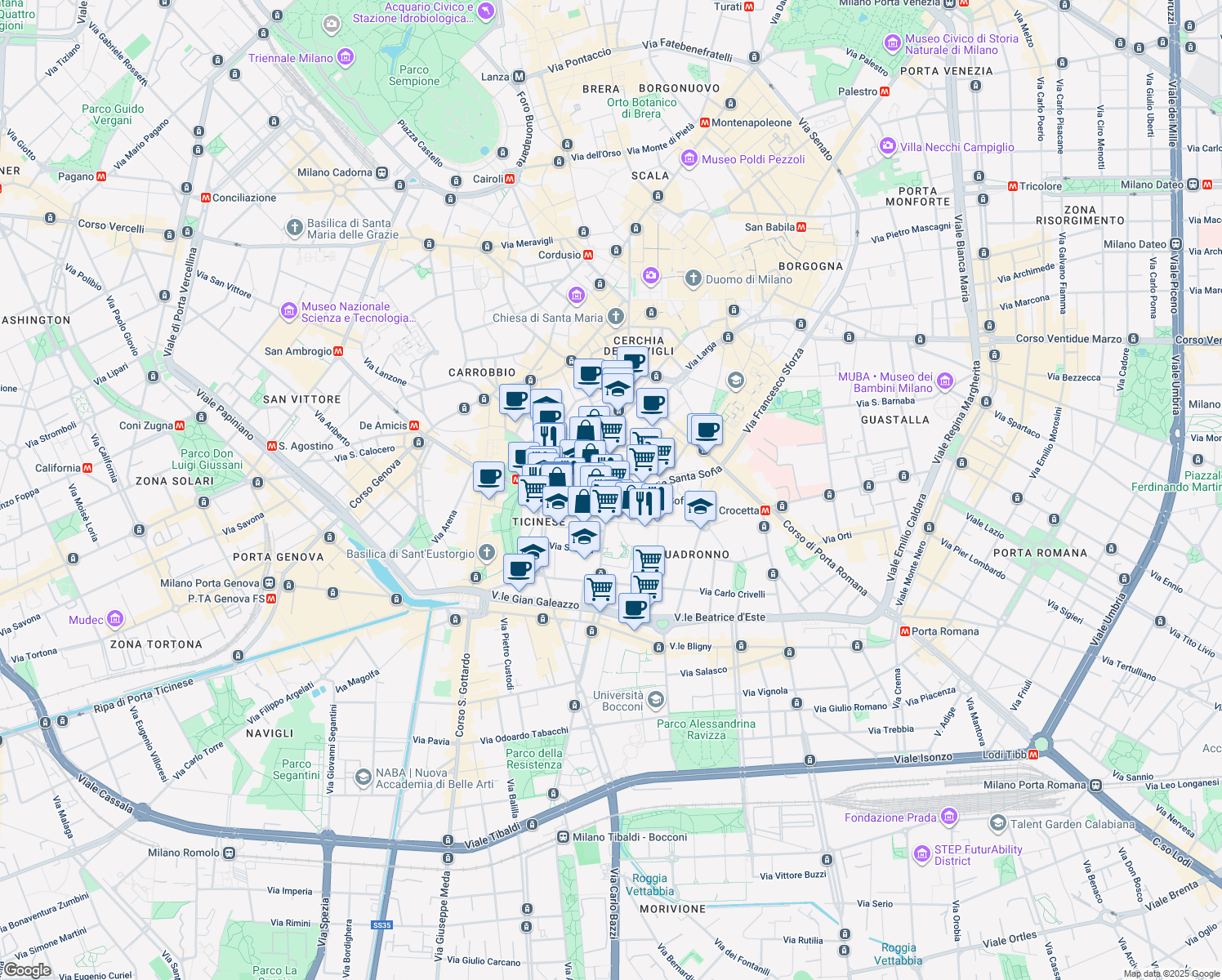 map of restaurants, bars, coffee shops, grocery stores, and more near 23 Corso Italia in Milano