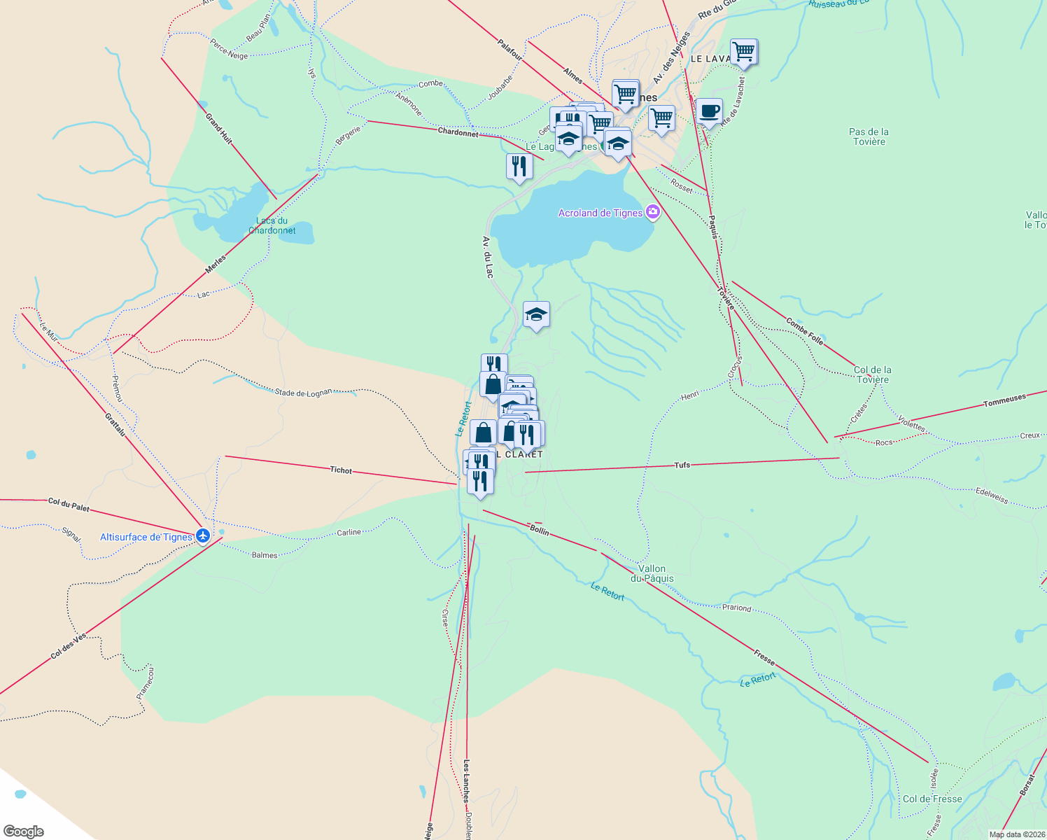 map of restaurants, bars, coffee shops, grocery stores, and more near 15 Montée des Tufs in Tignes