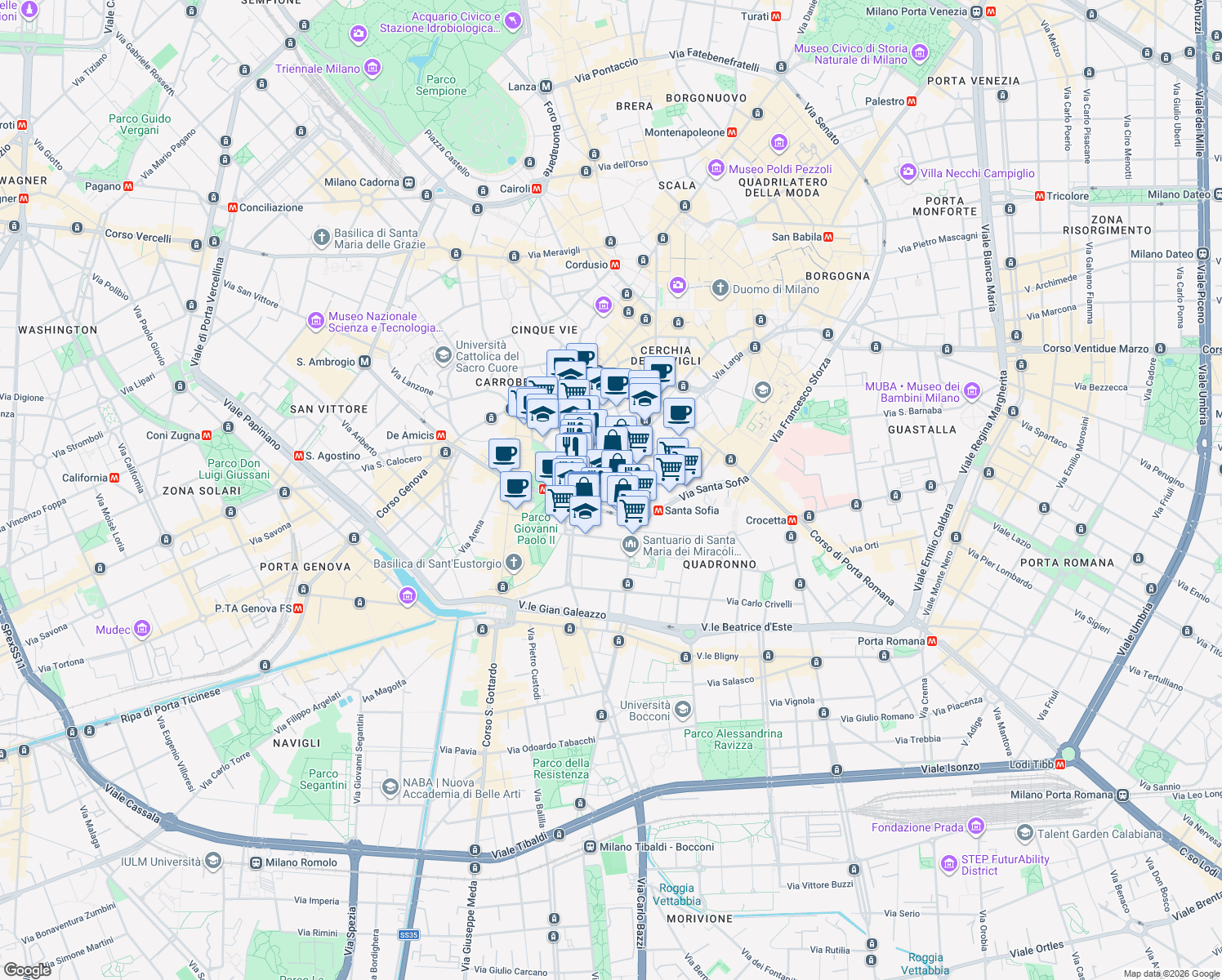 map of restaurants, bars, coffee shops, grocery stores, and more near 10 Via Crocefisso in Milano
