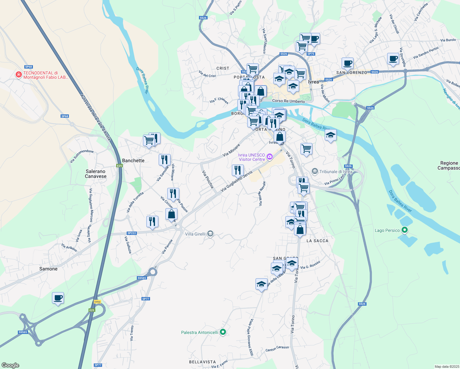 map of restaurants, bars, coffee shops, grocery stores, and more near Via G. Jervis in Ivrea