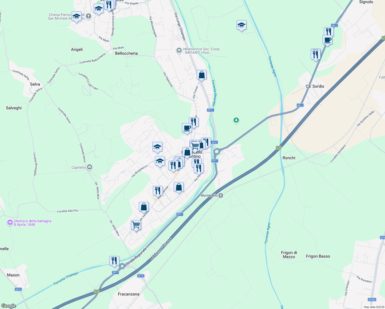 map of restaurants, bars, coffee shops, grocery stores, and more near 21 Via XXIV Maggio in Montebello Vicentino