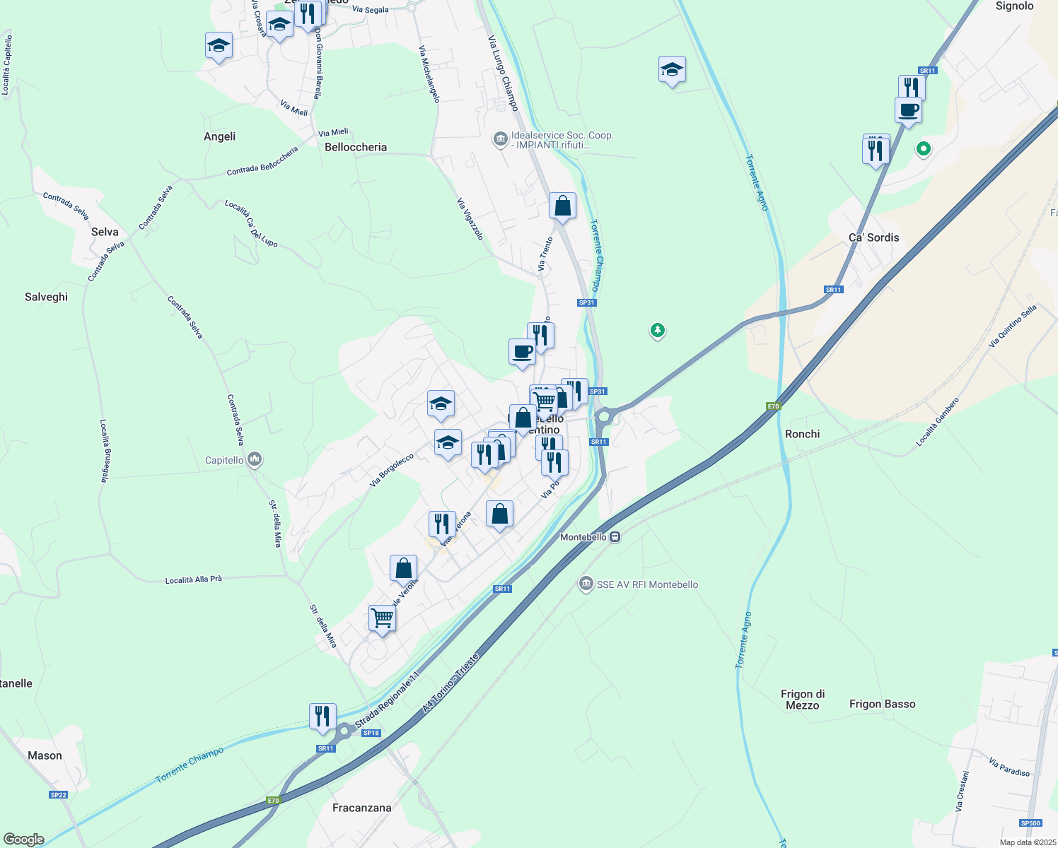 map of restaurants, bars, coffee shops, grocery stores, and more near 17 Via Castello in Montebello Vicentino