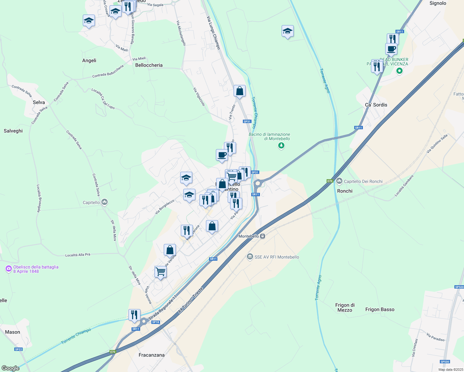 map of restaurants, bars, coffee shops, grocery stores, and more near 21 Via XXIV Maggio in Montebello Vicentino