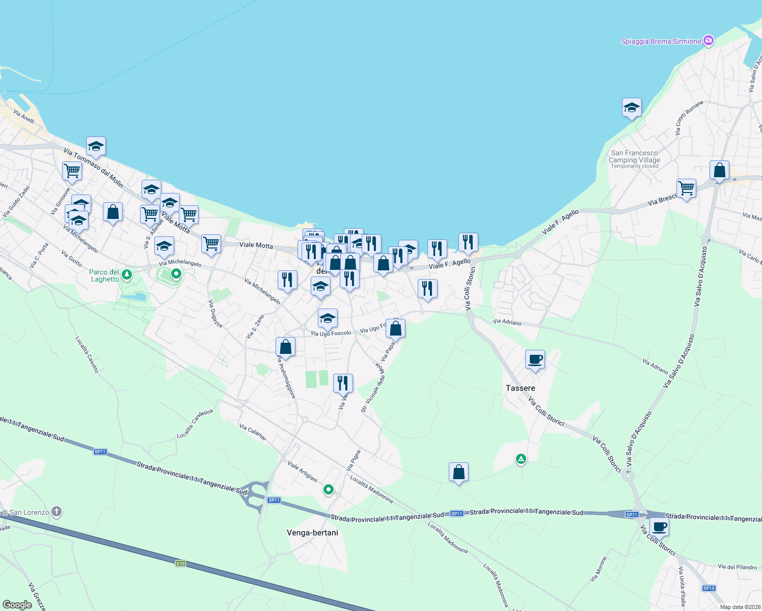 map of restaurants, bars, coffee shops, grocery stores, and more near 49 Via Papa Giovanni XXIII in Desenzano del Garda